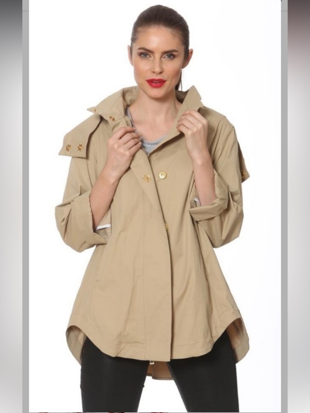 Ciao Milano Tan Short Trench Coat with Gold-Accent Buttons-NWT